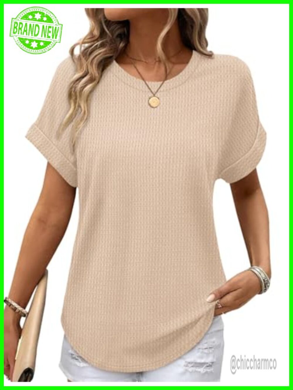 Waffle Knit Short Sleeve Tee Curved Hem Tunic Top Women